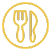 Gabel und Messer auf einem Teller als Icon in Gold